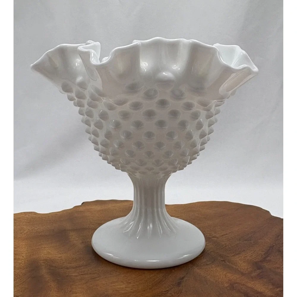 Vintage Fenton Hobnail Milk Glass Footed Compote Candy Dish Ruffled/Crimped Edge